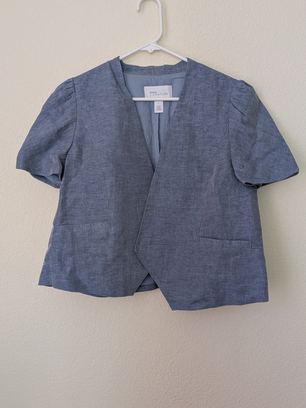 Nordstrom Signature Women's Blue Linen Blend Puff Sleeve Blazer Jacket Size S
